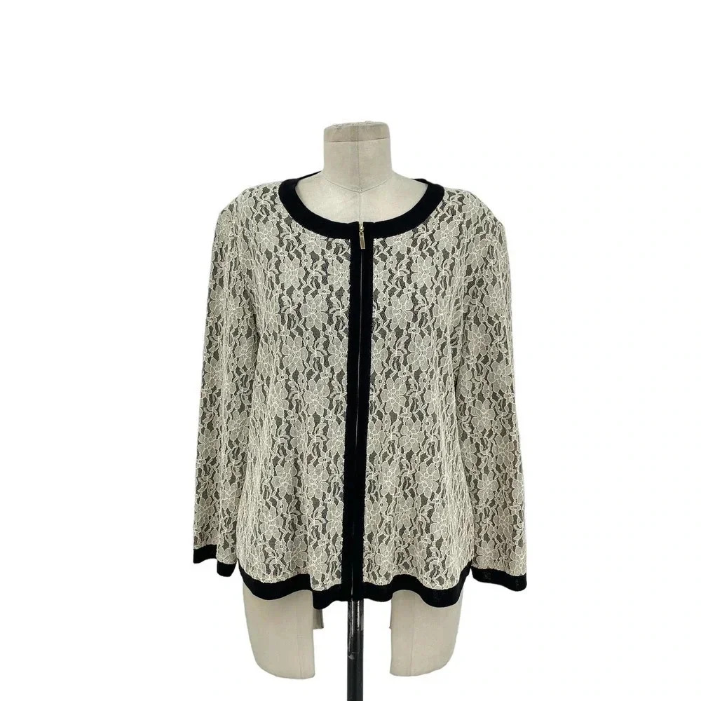 Exclusively Misook Black Cream Lace Zip Sweater Jacket Size Large